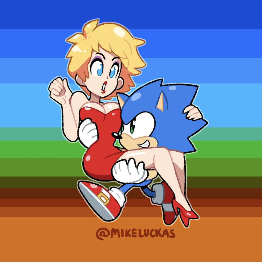1boy 1girl blue_eyes breasts cleavage dress eyeshadow high_heels highres madonna_garnet makeup medium_breasts mike_luckas open_mouth red_dress red_footwear shoes sonic sonic_the_hedgehog strapless strapless_dress twitter_username