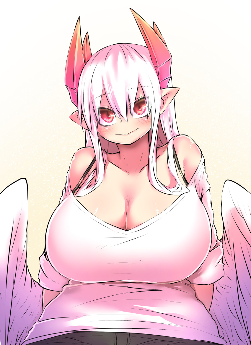 1girl absurdres black_bra blush bra bra_strap breasts demon_horns denim denim_shorts feathered_wings highres horns huge_breasts juugoya_(zyugoya) looking_at_viewer lorem_(mazohaha) mature musuko_ga_kawaikute_shikatanai_mazoku_no_hahaoya pale_skin pointy_ears red_eyes red_horns shirt shorts sitting sleeves sleeves_rolled_up smile underwear white_hair white_shirt white_wings wings yellow_background