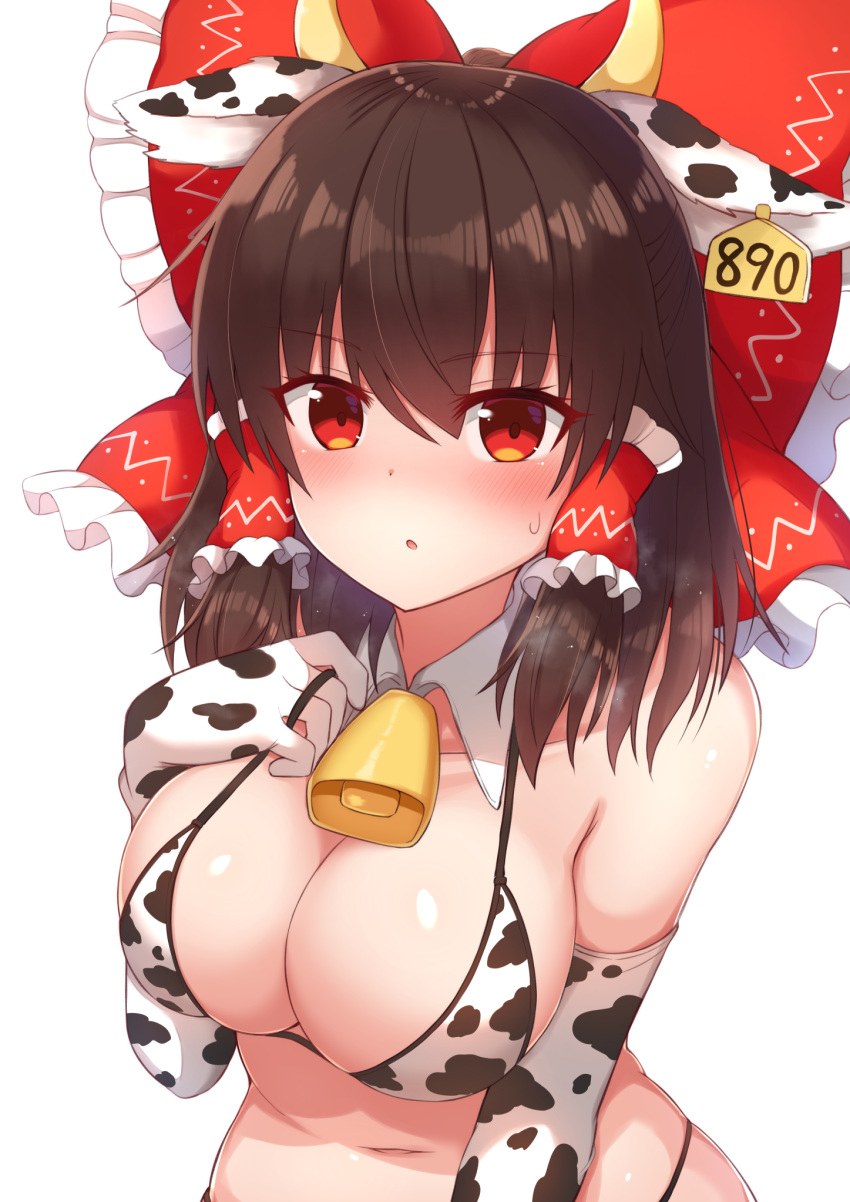1girl :o animal_ears animal_print bangs bell bell_collar bikini blush bow breasts brown_hair collar collarbone commentary_request cow_ears cow_horns cow_print detached_collar ear_tag elbow_gloves eyebrows_visible_through_hair fake_animal_ears gloves hair_bow hair_tubes hakurei_reimu highres horns large_breasts looking_at_viewer navel red_bow red_eyes short_hair solo swimsuit tksand touhou upper_body white_gloves