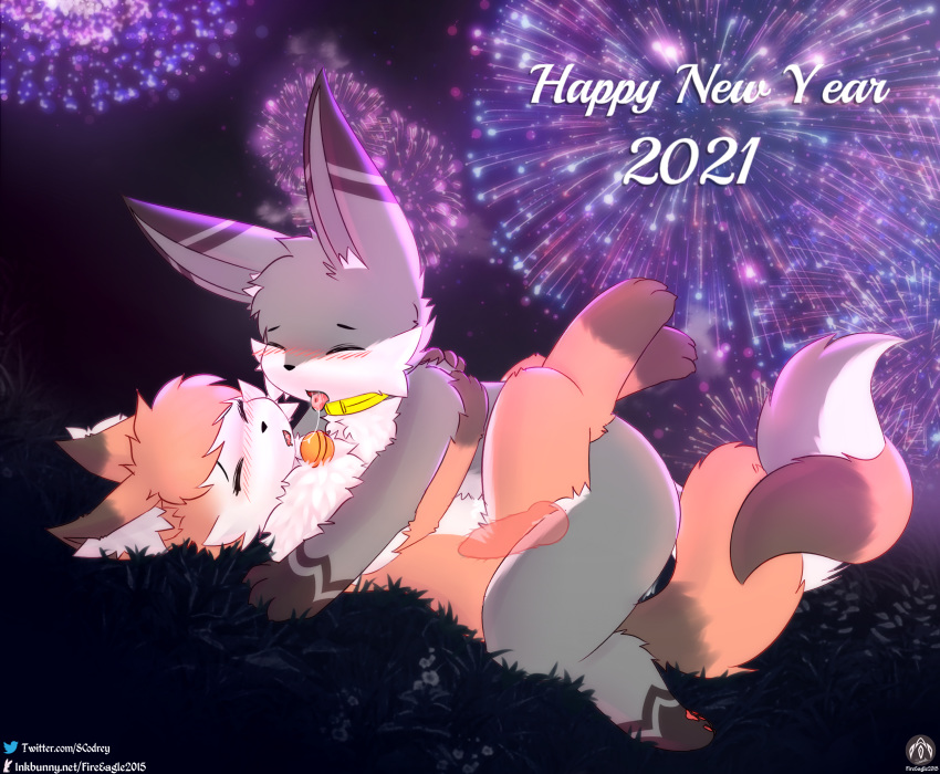2021 anthro bell bodily_fluids canid canine collar duo eyes_closed female female_penetrated fireworks fox genitals grass hi_res holidays iradeon lying male male/female male_penetrating male_penetrating_female mammal missionary_position new_year nia_(senz) on_back paws penetration penis plant saliva saliva_on_tongue saliva_string sean_(senz) senz sex tongue tongue_out wrapping_tails