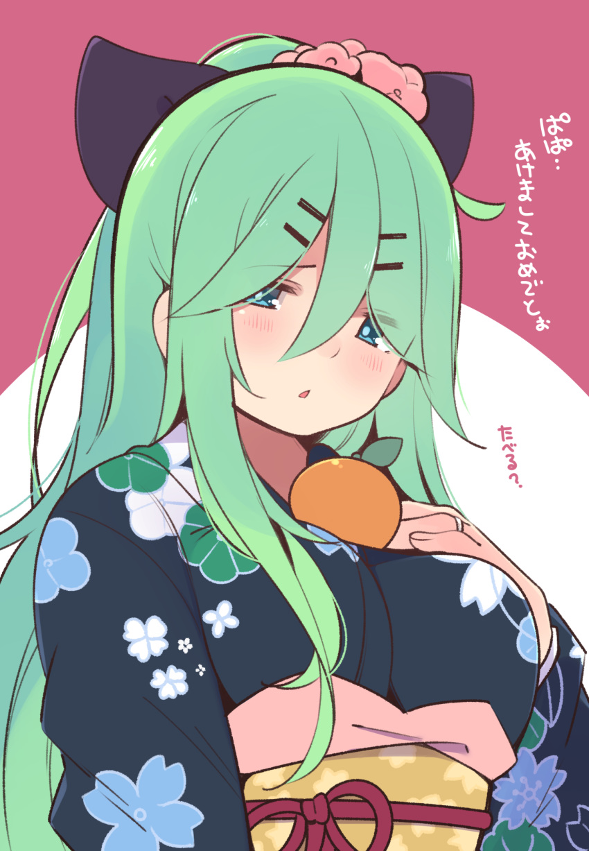 1girl black_kimono black_ribbon blue_eyes blush eyebrows_visible_through_hair floral_print food fruit green_hair hair_between_eyes hair_ribbon highres japanese_clothes jewelry kantai_collection kimono long_hair long_sleeves mandarin_orange obi open_mouth ponytail print_kimono ribbon ring sash solo suzuki_toto translated upper_body wedding_band wide_sleeves yamakaze_(kantai_collection)