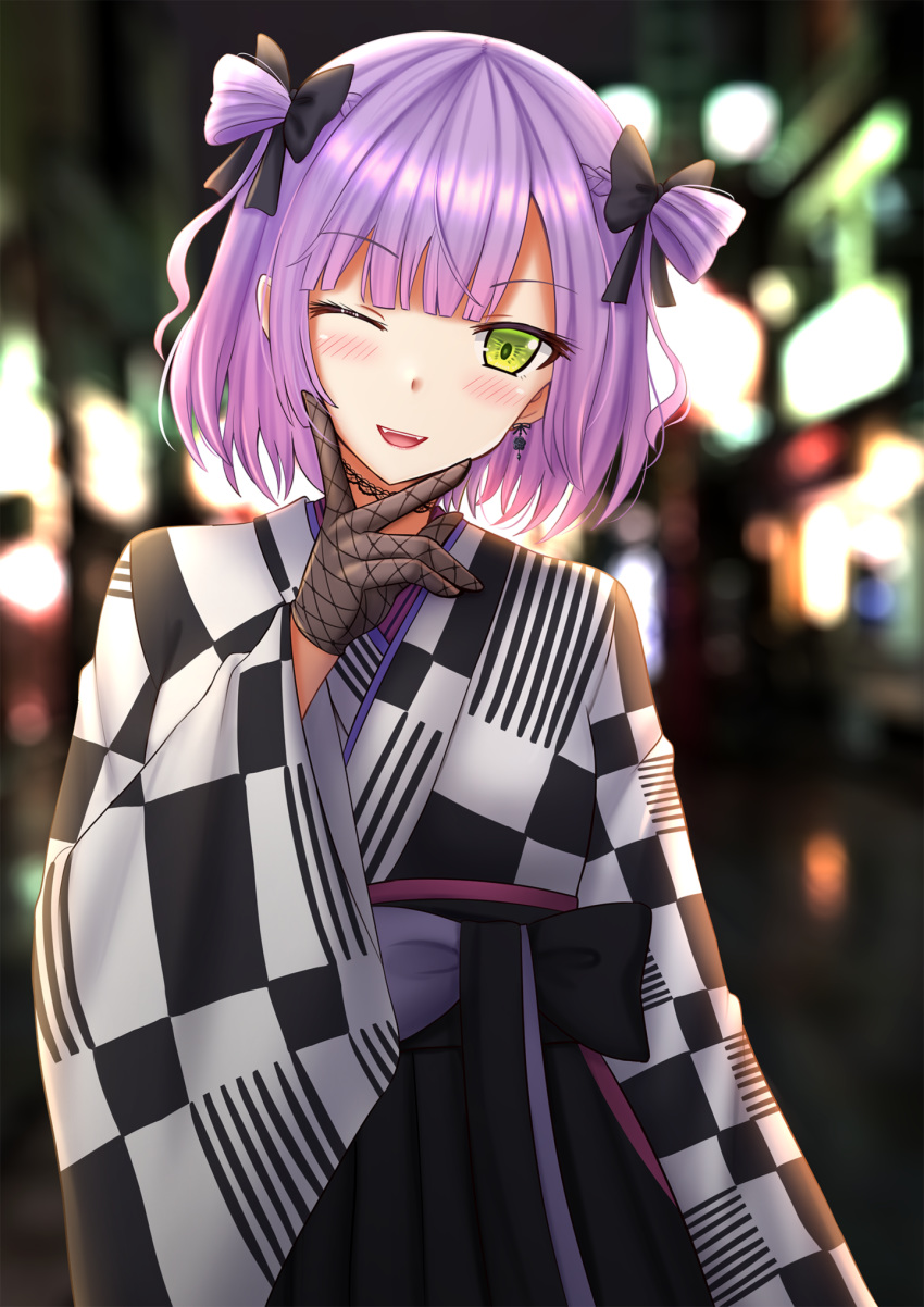 1girl bangs black_gloves blunt_bangs blurry blurry_background blush eyebrows_visible_through_hair gloves green_eyes hair_ribbon highres hololive japanese_clothes kazenokaze kimono long_sleeves looking_at_viewer obi one_eye_closed open_mouth purple_eyes ribbon sash short_hair solo tokoyami_towa virtual_youtuber wide_sleeves