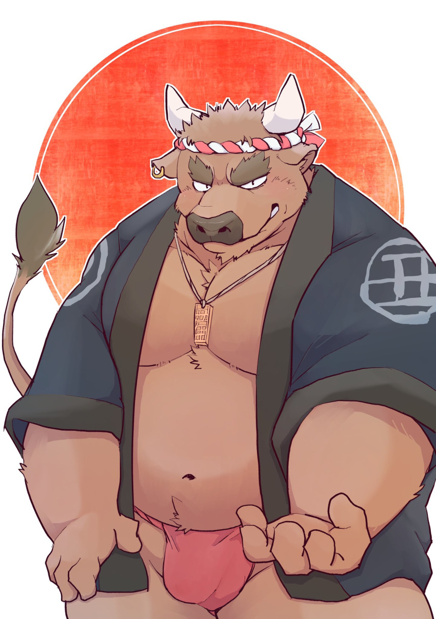 2021 anthro asian_clothing belly bovid bovine brown_body brown_fur bulge cattle clothing east_asian_clothing fundoshi fur hi_res humanoid_hands japanese_clothing kemono male mammal navel overweight overweight_anthro overweight_male solo underwear yaoyasohachi