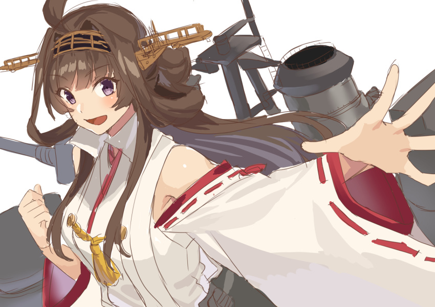 1girl ahoge bangs blush breasts brown_hair clenched_hand detached_sleeves double_bun eyebrows_visible_through_hair headgear highres japanese_clothes kantai_collection kongou_(kantai_collection) long_hair mizuki_eiru_(akagi_kurage) open_mouth purple_eyes ribbon-trimmed_sleeves ribbon_trim rigging simple_background solo upper_body white_background