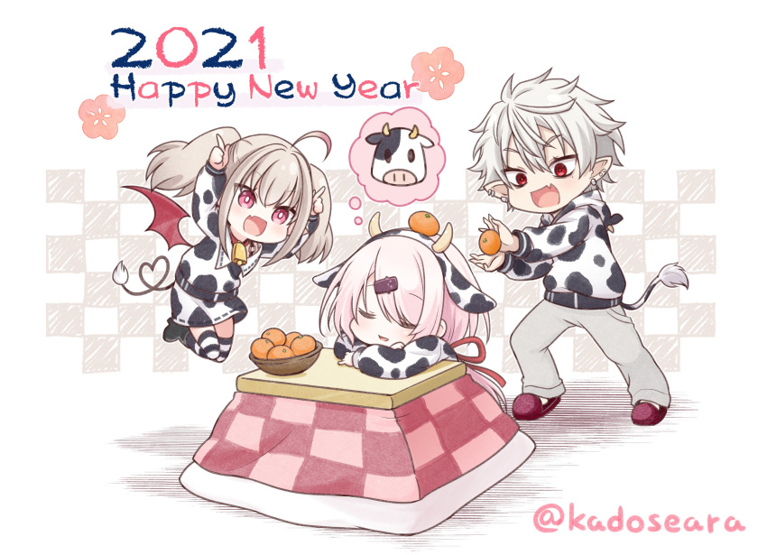 1boy 2021 2girls :d ahoge animal_ears animal_print arms_up bangs basket black_footwear blush boots checkered checkered_background chinese_zodiac collared_shirt commentary_request cow_ears cow_hood cow_horns cow_print cow_tail demon_wings ear_piercing earrings eyebrows_visible_through_hair fake_animal_ears fake_horns fang food fruit grey_hair grey_pants hair_between_eyes hair_ribbon hairband happy_new_year heart heart_tail high_heel_boots high_heels highres holding holding_food hood hood_down hoodie horns horns_pose jewelry kadose_ara kotatsu kuzuha_(nijisanji) long_hair low_ponytail makaino_ririmu mandarin_orange multiple_girls new_year nijisanji open_mouth pants piercing pink_hair pointy_ears ponytail print_hoodie print_shirt print_skirt red_eyes red_footwear red_ribbon red_wings ribbon shiina_yuika shirt skirt slippers smile standing striped striped_legwear table tail thighhighs thighhighs_under_boots twintails twitter_username v-shaped_eyebrows very_long_hair virtual_youtuber white_hairband white_hoodie wings year_of_the_ox