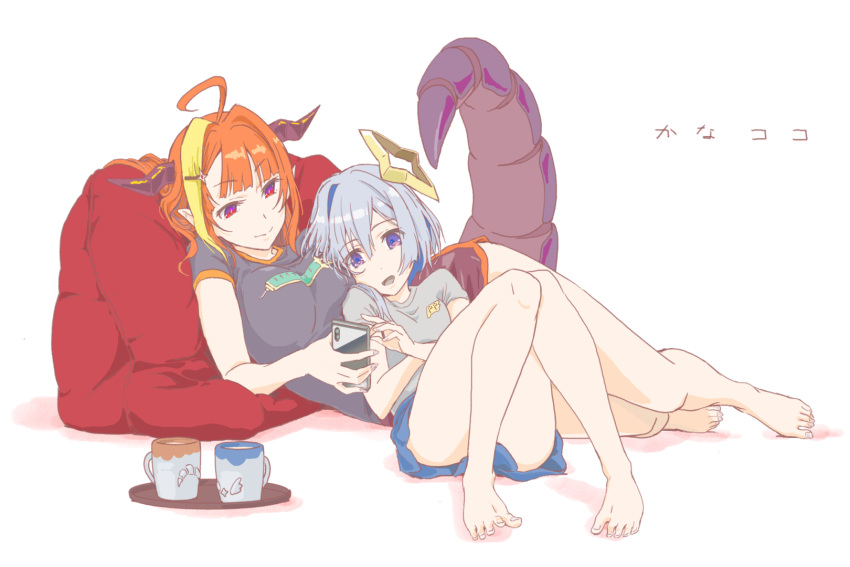 2girls ahoge alternate_costume amane_kanata angel asacoco bangs bare_legs barefoot bean_bag_chair black_shirt blonde_hair blue_eyes blue_hair blunt_bangs breasts cellphone colored_inner_hair commentary_request cuddling cup dolphin_shorts doukyo's dragon_girl dragon_horns dragon_tail eyebrows_visible_through_hair feet fingernails grey_shirt hair_between_eyes hair_ornament hairclip halo head_on_chest highlights highres holding holding_phone hololive horns kiryuu_coco long_hair looking_away lying lying_on_person mug multicolored multicolored_eyes multicolored_hair multiple_girls on_floor on_side orange_hair phone print_shirt purple_eyes red_eyes ringo_yadoku scales shirt short_hair short_shorts short_sleeves shorts silver_hair simple_background smartphone streaked_hair tail translation_request virtual_youtuber white_background