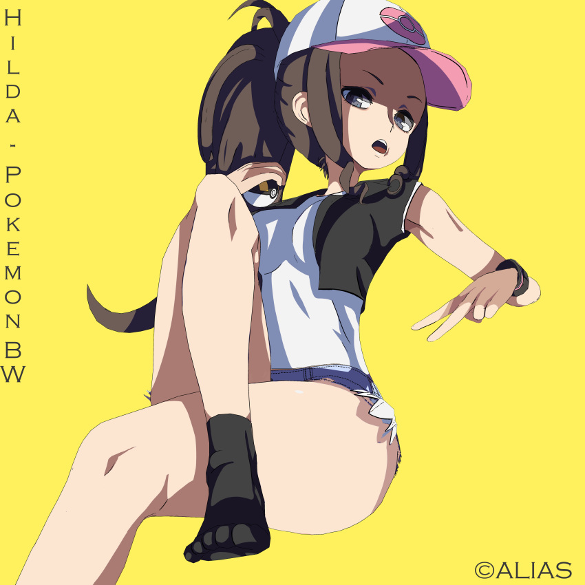 1girl absurdres alias blue_eyes bracelet breasts brown_hair character_name copyright_name crossed_legs denim denim_shorts highres hilda_(pokemon) jewelry long_hair medium_breasts poke_ball pokemon ponytail shirt shorts socks solo t-shirt thighs ultra_ball white_shirt yellow_background