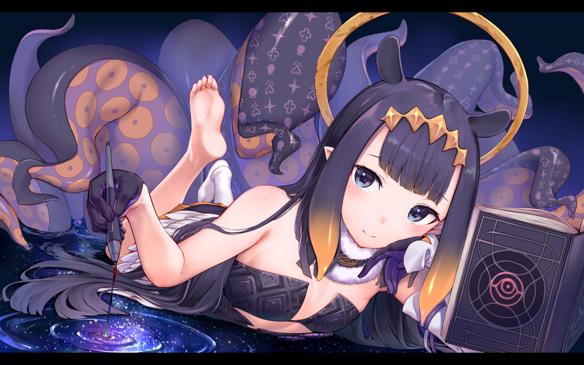 1girl ao-chan_(ninomae_ina'nis) bangs barefoot black_gloves book detached_sleeves eyebrows_visible_through_hair flat_chest gloves halo highres hinasaki_you holding holding_pen hololive hololive_english lying mole mole_under_eye monogram ninomae_ina'nis on_stomach pen single_detached_sleeve single_thighhigh smile soles solo space star_(sky) tentacle_hair tentacles thighhighs virtual_youtuber