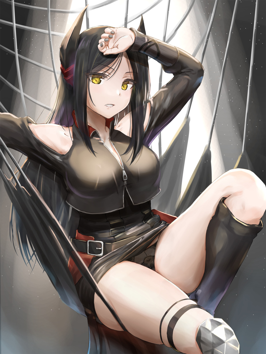 1girl absurdres arknights arm_up bangs bare_shoulders belt belt_buckle black_footwear black_hair black_jacket black_nails black_panties black_skirt boots breasts buckle clothing_cutout cropped_jacket eyebrows_visible_through_hair hand_on_forehead high-waist_skirt highres horns ines_(arknights) jacket knee_boots knee_pads knee_up large_breasts long_hair long_sleeves looking_at_viewer nail_polish open_mouth panties pantyshot parted_bangs shoulder_cutout sitting skirt solo straight_hair thighs underwear upskirt very_long_hair yellow_eyes yukinoshiro