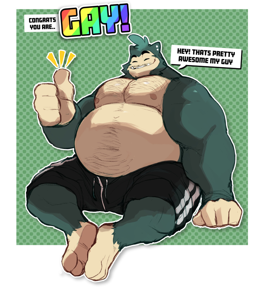 2020 3_fingers 3_toes absurd_res anthro anthrofied belly body_hair border bottomwear clothed clothing dialogue ear_piercing emanata english_text eyebrows eyes_closed facial_hair fingers flufflecraft gesture green_background hi_res lgbt_pride male moobs nintendo nipples overweight overweight_anthro overweight_male pattern_background piercing pok&eacute;mon pok&eacute;mon_(species) rainbow shorts simple_background sitting smile snorlax solo talking_to_viewer text thumbs_up toes topless topless_male video_games white_border