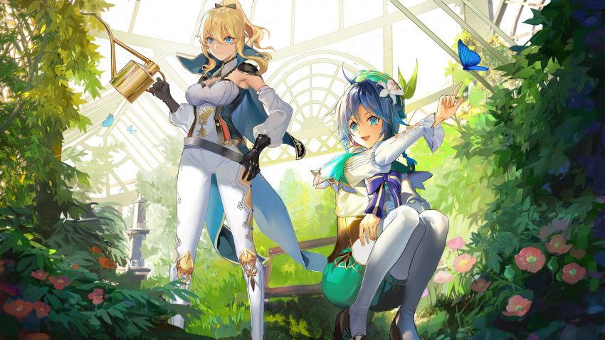 1boy 1girl bard blonde_hair blue_capelet blue_eyes blue_hair braid breasts bug butterfly capelet closed_mouth detached_sleeves flower genshin_impact gloves gradient_hair green_headwear greenhouse hair_ornament hat highres insect jean_gunnhildr long_sleeves looking_at_viewer looking_to_the_side minty0 multicolored_hair open_mouth plant pointing ponytail shorts smile tight twin_braids venti_(genshin_impact) watering_can white_legwear