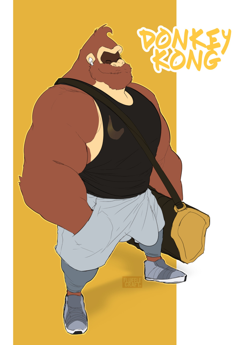 2020 absurd_res airpods anthro ape beard big_bulge bottomwear bulge clothed clothing donkey_kong_(character) donkey_kong_(series) english_text erection erection_under_clothing facial_hair flufflecraft footwear gym_bag hand_in_pocket haplorhine hi_res male mammal muscular muscular_anthro muscular_male nintendo pockets primate shirt shoes shorts simple_background smile solo standing tank_top text topwear video_games white_background yellow_background