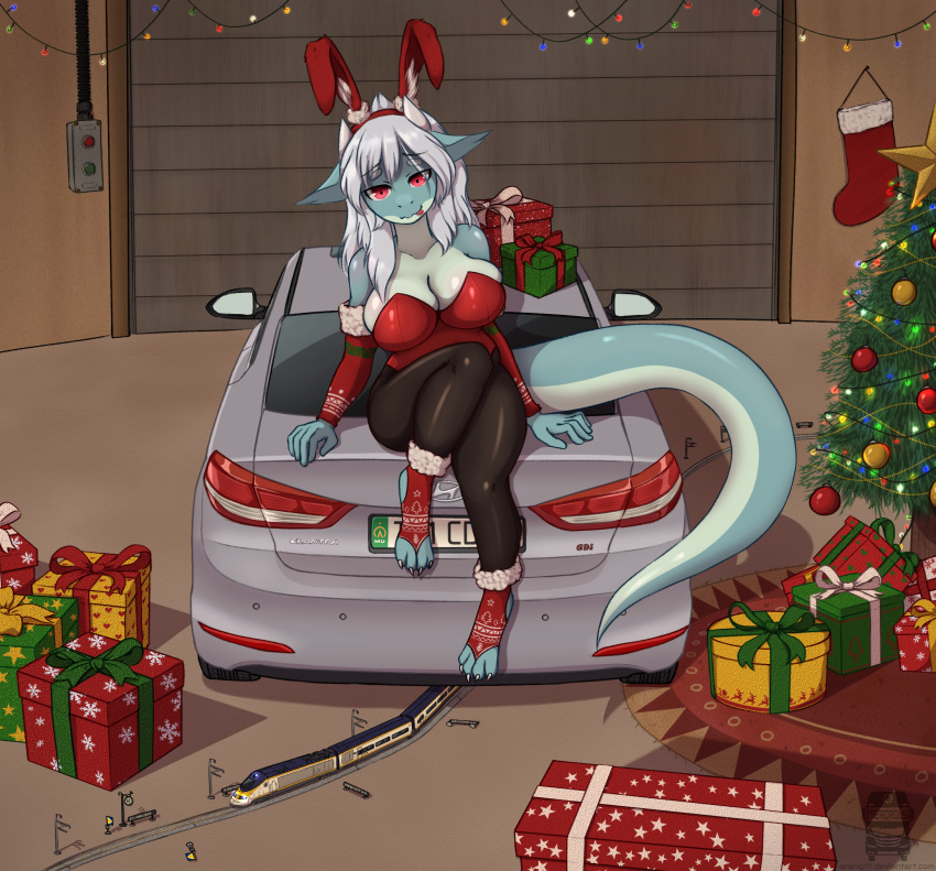 4_toes 5_fingers anthro bunny_costume car carpet christmas christmas_lights christmas_present christmas_sock christmas_tree clothing costume dragon eurostar female fingers garage hi_res holidays hyundai hyundai_elantra inside looking_at_viewer model_train orang111 plant sitting solo toes tree vehicle