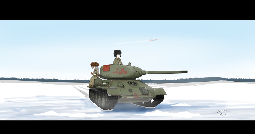 2girls absurdres aircraft artist_request black_eyes brown_eyes caterpillar_tracks chinese_commentary cloud forest grey_hair ground_vehicle gun highres military military_uniform military_vehicle motor_vehicle multiple_girls nature original people's_republic_of_china_flag ponytail short_hair sky snow submachine_gun t-34-85 tank tank_helmet translation_request tree type_58_(tank) uniform weapon