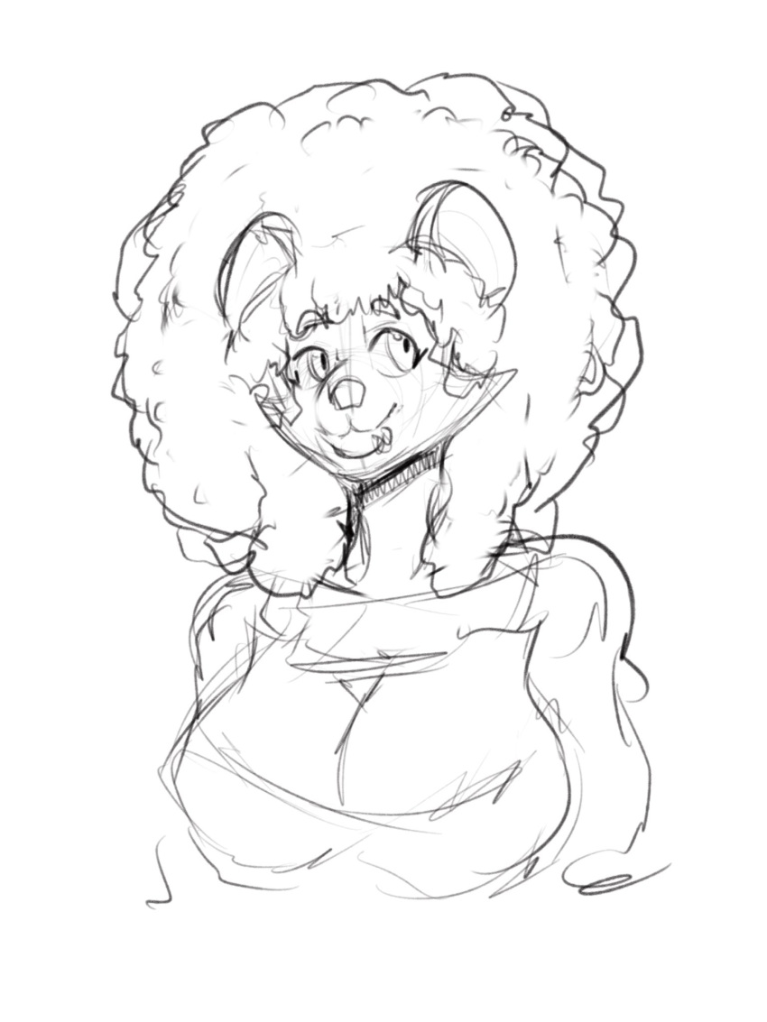 afro anthro big_hair breasts bustshot clothed clothing digital_drawing_(artwork) digital_media_(artwork) ears_through_hair eyebrow_through_hair eyebrows facial_piercing female fluffy fluffy_hair hair hi_res hyaenid kiera_southpaw lip_piercing lip_ring mammal monochrome piercing shaded simple_background sketch sketchydot smile solo translucent translucent_hair