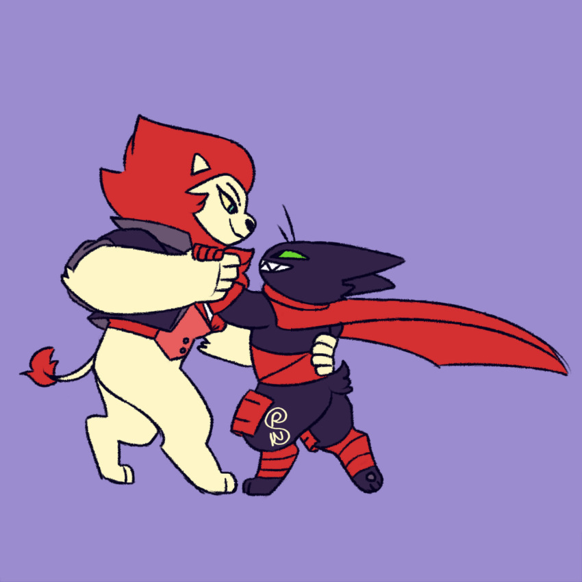 anthro black_body black_fur cape cartoon_network clothing dancing digitigrade domestic_cat duo felid feline felis fur green_eyes grin hair hi_res king_snugglemagne_xxv lion male male/male mammal mane mane_hair mao_mao:_heroes_of_pure_heart pantherine red_clothing red_mane shapeshiftinterest sheriff_mao_mao_mao smile