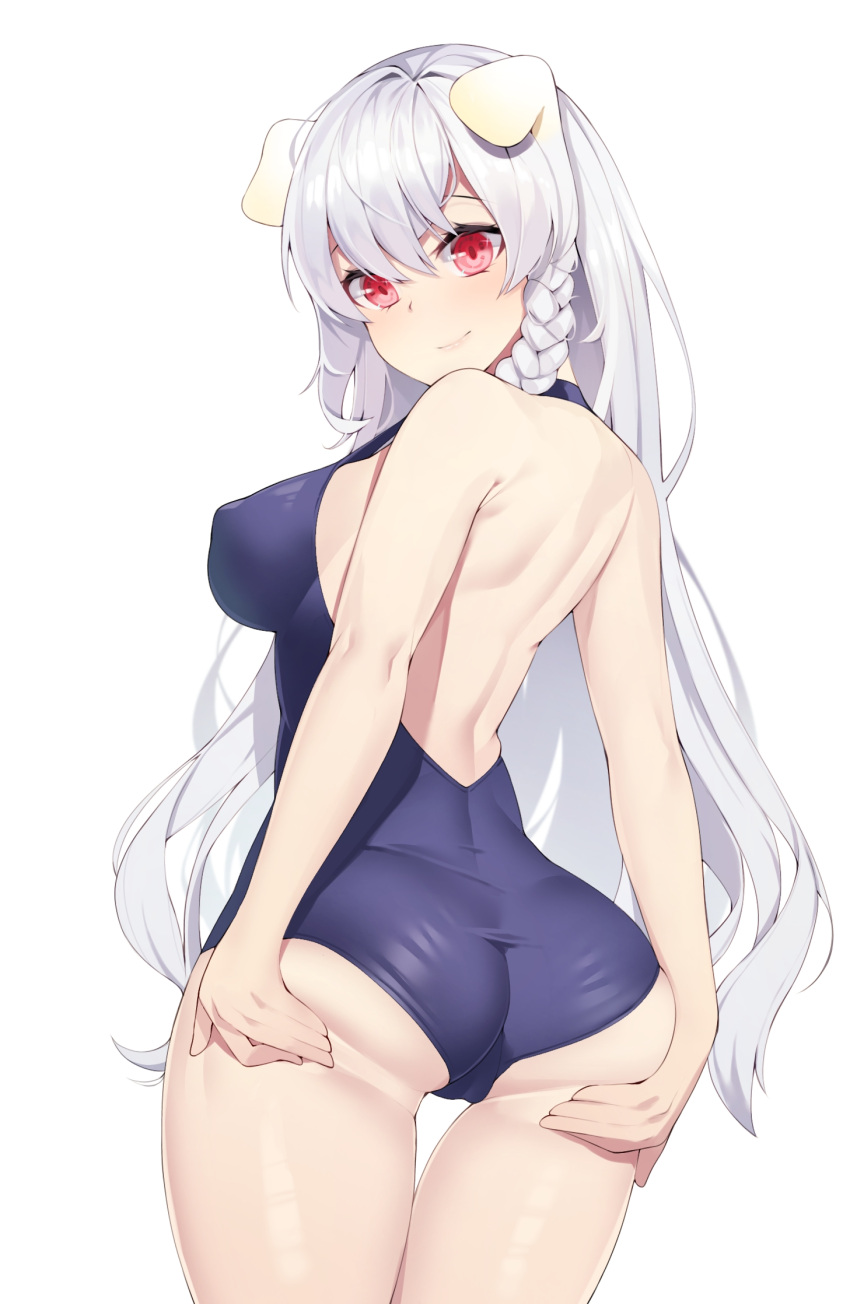 1girl animal_ears ass ass_grab back backless_swimsuit bangs blue_swimsuit braid breasts cameltoe chukibabo2 commission covered_nipples dog_ears from_behind grabbing_own_ass hair_between_eyes halterneck highres large_breasts long_hair looking_at_viewer original red_eyes side_braid sideboob simple_background smile solo spread_ass strap_gap swimsuit taut_clothes taut_swimsuit thighs very_long_hair white_background white_hair