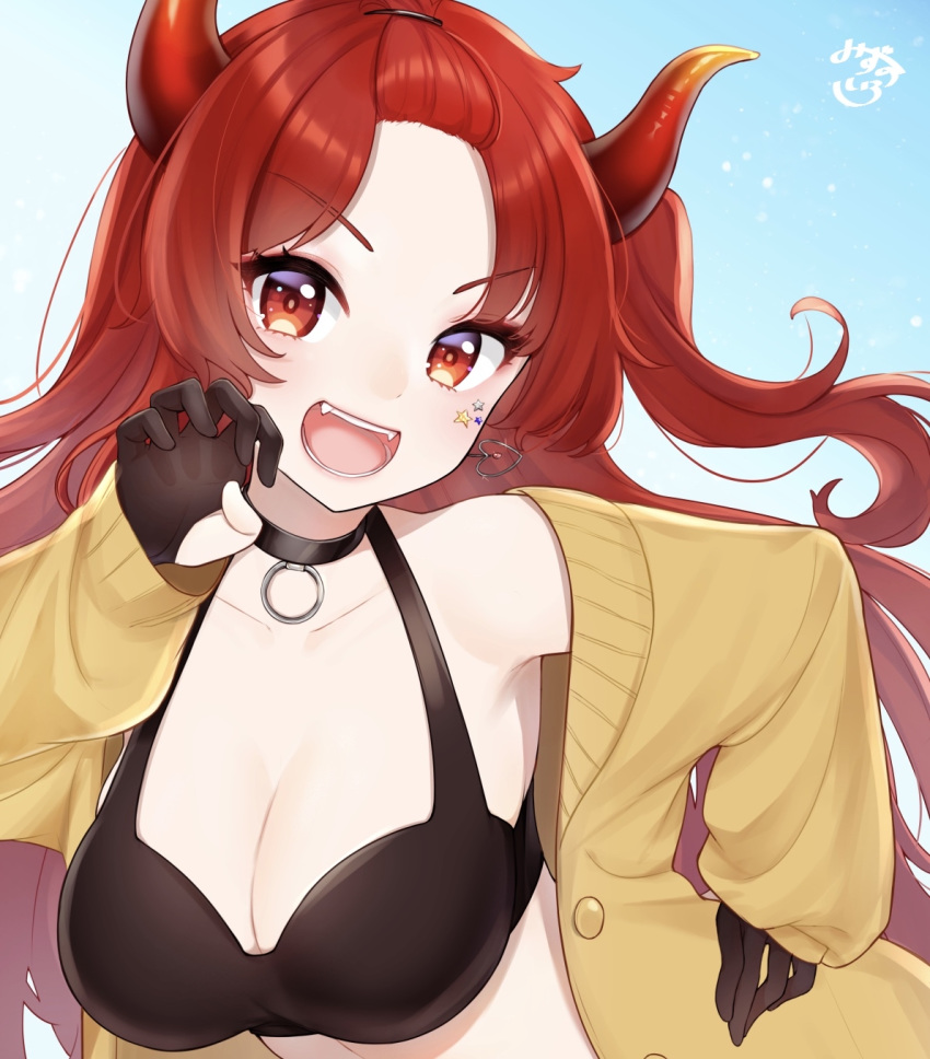 1girl asymmetrical_hair black_bra black_choker black_gloves blue_sky blush bra breasts cardigan choker claw_pose cleavage commentary day dola_(nijisanji) dragon_horns earrings eyebrows_visible_through_hair fangs fingerless_gloves forehead gloves hand_on_hip heart heart_earrings highres horns jewelry leaning_forward long_hair looking_at_viewer medium_breasts mizuiro_32 nijisanji open_cardigan open_clothes open_mouth outdoors red_eyes red_hair side_ponytail signature sky smile solo sticker underwear upper_body virtual_youtuber yellow_cardigan