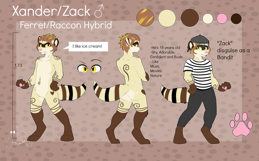 absurd_res anthro bandit_(disambiguation) brown_body brown_fur clothing domestic_ferret dookingraccoon english_text fan_character fur hi_res hybrid looking_at_viewer male mammal model_sheet mustela mustelid musteline nude procyonid raccoon rioluaural solo tagme text yellow_eyes