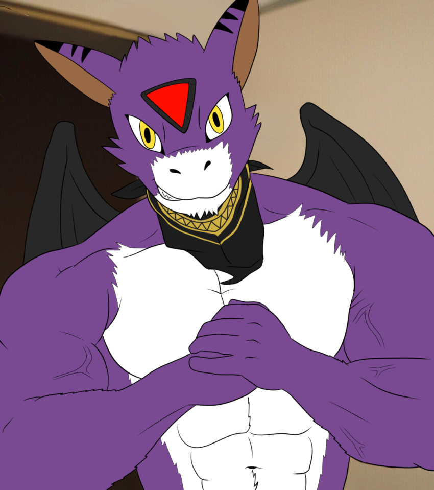 abs anthro athletic athletic_male biceps big_muscles black_body black_skin black_stripes black_wings digimon digimon_(species) dorumon dragon evil_grin flameydragwasp fur furred_dragon grin hi_res looking_at_viewer male membrane_(anatomy) membranous_wings muscular muscular_male navel neckwear pecs purple_body purple_fur smile solo stripes teeth teeth_showing threatening veiny_arms veiny_muscles white_body white_fur wings x-digimon yellow_eyes