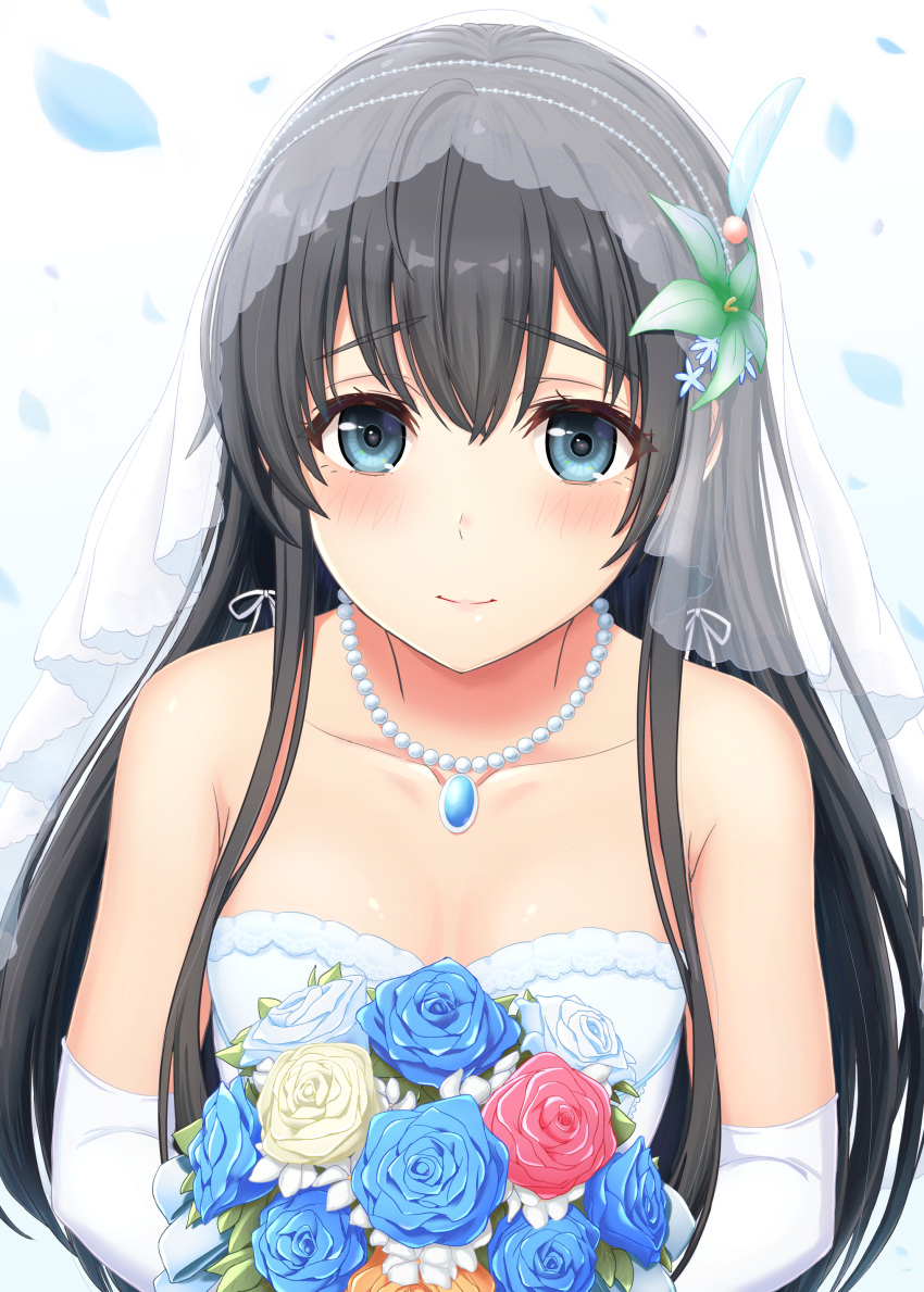 1girl absurdres ahoge bangs bare_shoulders black_hair blue_eyes bouquet breasts bridal_gauntlets bridal_veil bride cleavage closed_mouth collarbone commentary_request dress eyebrows_visible_through_hair flower gem hair_flower hair_ornament highres holding inanaki_shiki jewelry long_hair looking_at_viewer necklace pearl_necklace petals sidelocks small_breasts smile solo veil wedding wedding_dress white_dress yahari_ore_no_seishun_lovecome_wa_machigatteiru. yukinoshita_yukino