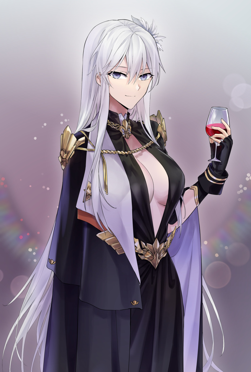 1girl absurdres alcohol azur_lane bangs black_dress black_gloves breasts center_opening coat coat_on_shoulders cup dress drinking_glass enterprise_(azur_lane) enterprise_(heroic_finery)_(azur_lane) evening_gown fingerless_gloves gloves gold hair_between_eyes highres large_breasts light_smile long_dress long_hair looking_at_viewer purple_eyes sash silver_hair solo suprii very_long_hair wine wine_glass