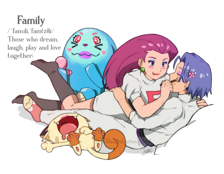 1boy 1girl blush cruz02art gen_1_pokemon gen_2_pokemon highres james_(pokemon) jessie_(pokemon) lying makeup makeup_brush meowth pokemon pokemon_(anime) pokemon_(creature) team_rocket team_rocket_grunt wobbuffet