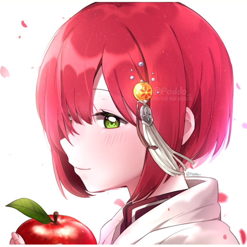 1girl akagami_no_shirayukihime bangs blush border closed_mouth commentary_request face food from_side fruit green_eyes hair_ornament hand_up highres holding holding_food holding_fruit long_sleeves looking_at_viewer petals poddo_(potto) red_apple red_hair shirayuki_(akagami_no_shirayukihime) short_hair smile solo twitter_username watermark white_background white_border