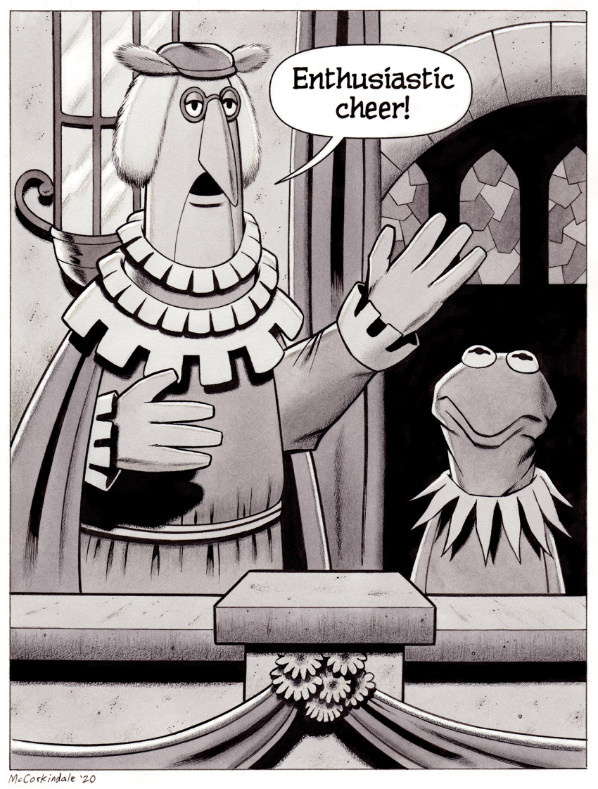 2020 4_fingers amphibian anthro border bruce_mccorkindale church clothing crossover duo english_text eyewear featherstone fingers flower frog glasses greyscale hat headgear headwear hi_res humanoid kermit_the_frog male monochrome muppet muppets plant signature speech_bubble stained_glass tales_from_muppetland text the_muppet_show unimpressed white_border window