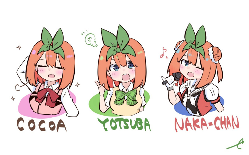 1girl ;d arm_behind_head arm_up bangs blue_eyes bow breasts character_name collared_shirt commentary_request cosplay cropped_torso double_bun eighth_note eyebrows_behind_hair go-toubun_no_hanayome gochuumon_wa_usagi_desu_ka? green_bow green_ribbon hair_between_eyes hair_ribbon holding holding_microphone hoto_cocoa hoto_cocoa_(cosplay) kantai_collection kujou_karasuma light_blush medium_breasts microphone multiple_views musical_note naka_(kantai_collection) naka_(kantai_collection)_(cosplay) nakano_yotsuba one_eye_closed open_mouth orange_hair pink_vest puffy_short_sleeves puffy_sleeves rabbit_house_uniform red_shirt ribbon sakura_ayane seiyuu_connection shirt short_sleeves signature smile sparkle sweater_vest two_side_up uniform upper_body vest waitress white_background white_shirt