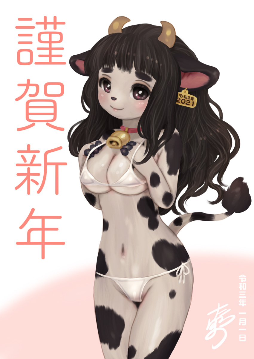 2020 anthro bikini bikini_bottom bikini_top black-eyes black_hair bovid bovine breasts cattle clothing collar cowbell ear_tag female hair hi_res horn looking_at_viewer mammal navel simple_background smile solo swimwear tetetor-oort white_background