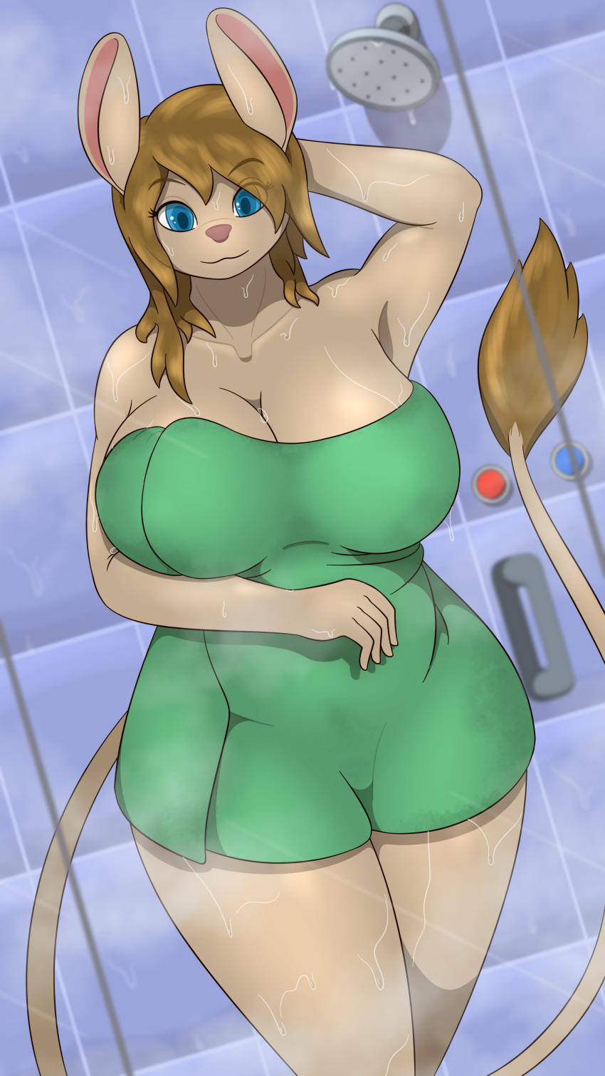 4k 9:16 absurd_res anthro bathroom big_breasts blue_eyes breast_squish breasts brown_body brown_hair cleavage clothed clothing collarbone curvy_figure day dipodid dripping dutch_angle female furgonomics glass hair hand_behind_head hi_res huge_breasts inside jerboa johnmarten long_ears long_tail looking_at_viewer mammal mature_anthro mature_female pink_nose rodent shower shower_head slightly_chubby smile solo squish steam tagme tail_tuft towel towel_only tuft voluptuous water wet wet_hair wide_hips