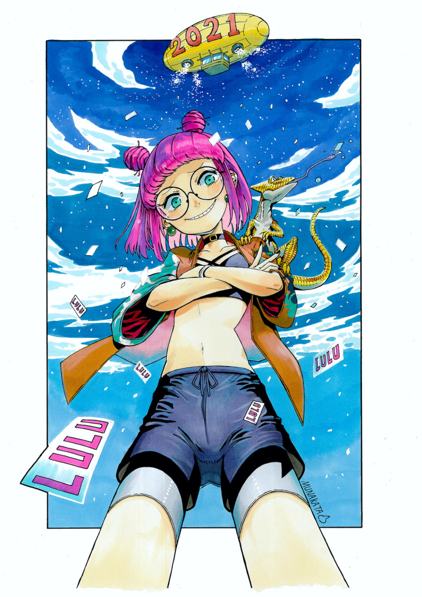 1girl 2021 aircraft animal_on_shoulder aqua_eyes black_shorts blue_sky blush border borrowed_character character_name choker cloud cloudy_sky confetti cowboy_shot crossed_arms dirigible double_bun earrings feet_out_of_frame glasses highres jewelry lizard looking_at_viewer lulu_(luulubuu) midriff munakata_(sekimizu_kazuki) navel open_clothes open_shirt original outside_border parted_lips pink_hair short_hair shorts signature sky smile solo white_border