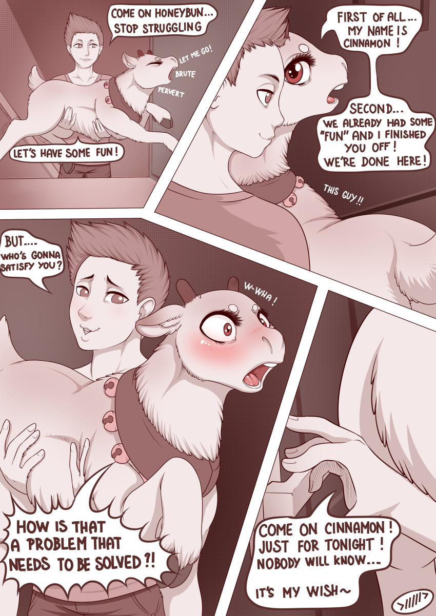 absurd_res blush capreoline carrying cervid cinnamon_(dankflank) clothed clothing comic dankflank dialogue digital_media_(artwork) duo english_text eyebrows eyelashes eyes_closed feral fur hair hi_res human male male_on_feral mammal open_mouth reindeer smile speech_bubble text