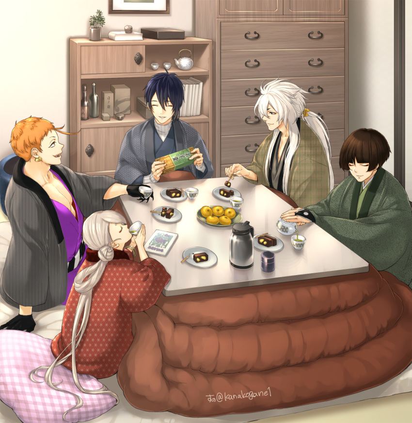 5boys ^_^ black_gloves black_hair book bottle bridal_gauntlets brown_hair chest_of_drawers closed_eyes cup drinking food gloves highres ima-no-tsurugi ishikirimaru iwatooshi japanese_clothes kogitsunemaru kotatsu male_focus mikazuki_munechika multiple_boys orange_hair pillow plate ponytail pouring red_eyes sitting smile sunomata table tea teacup teapot touken_ranbu twitter_username wagashi white_hair youkan_(food)