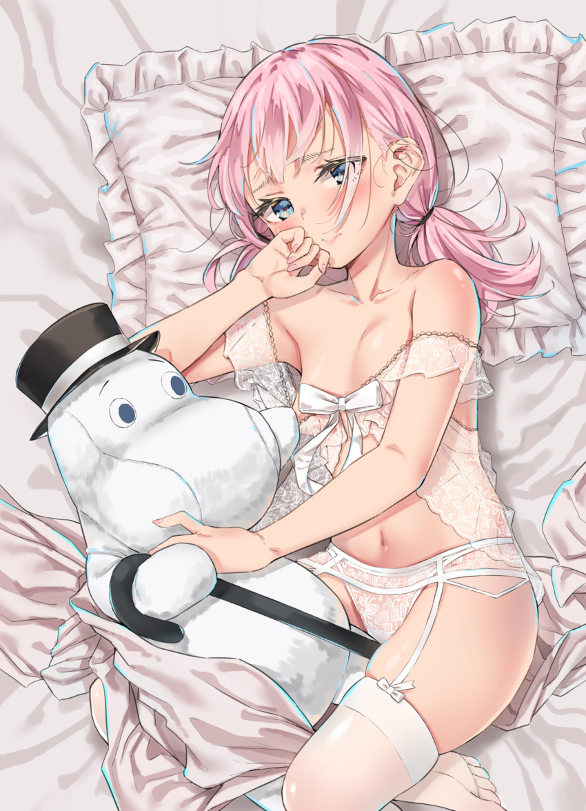 1girl absurdres agnamore areola_slip areolae babydoll bangs bare_shoulders bed_sheet black_hat blue_eyes blush breasts cane closed_mouth collarbone commentary_request eyebrows_visible_through_hair fingernails frilled_pillow frills garter_belt hat highres long_hair low_twintails lying moomin moomintroll nail_polish on_side original panties pillow pink_hair pink_nails see-through sidelocks small_breasts solo stuffed_animal stuffed_toy thighhighs twintails underwear white_legwear white_panties