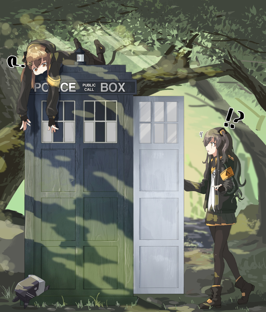 2girls 404_logo_(girls_frontline) ? armband chicory crossover doctor_who forest girls_frontline highres multiple_girls nature police_box scar scar_across_eye siblings side_ponytail sisters tardis twins twintails ump45_(girls_frontline) ump9_(girls_frontline)