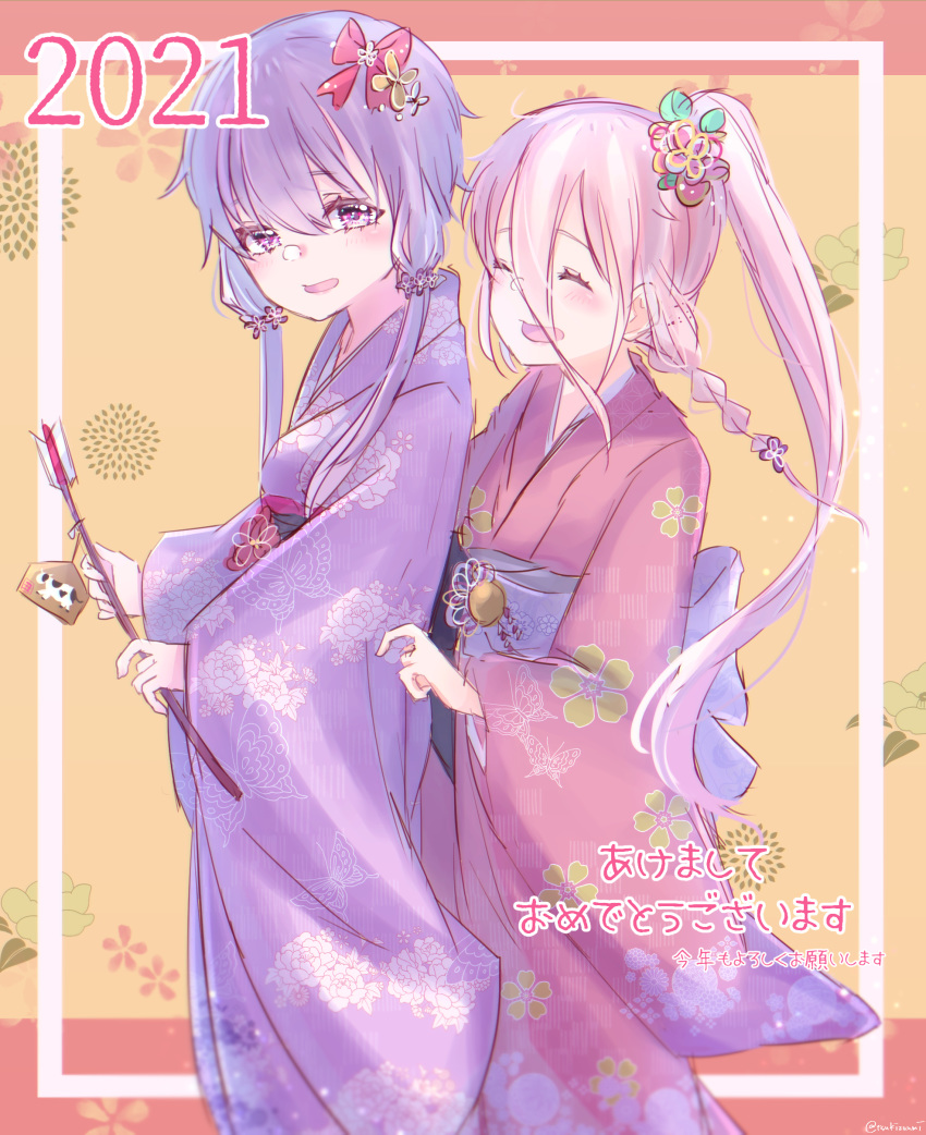 2021 2girls absurdres akeome animal_print arrow_(projectile) braid butterfly_print cevio chinese_zodiac closed_eyes commentary cow cowboy_shot ema floral_background floral_print from_side hair_ornament hamaya happy_new_year highres holding holding_arrow holding_hamaya ia_(vocaloid) japanese_clothes kanzashi kimono kotoyoro long_hair looking_at_viewer multiple_girls new_year obi open_mouth pink_hair pink_kimono ponytail purple_eyes purple_hair purple_kimono sakuramon sash short_hair_with_long_locks sidelocks smile translated tsukizuumi twitter_username vocaloid year_of_the_ox yuzuki_yukari