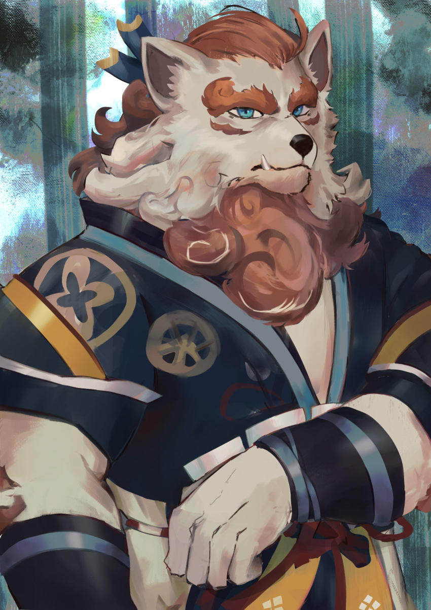 2020 absurd_res asian_clothing asian_mythology backjindo black_nose blue_eyes clothed clothing east_asian_mythology facial_hair foo_dog hair hi_res humanoid_hands japanese_mythology komainu male mammal mythology orange_hair sdorica sdorica_sunset solo tied_hair toyokuni yōkai