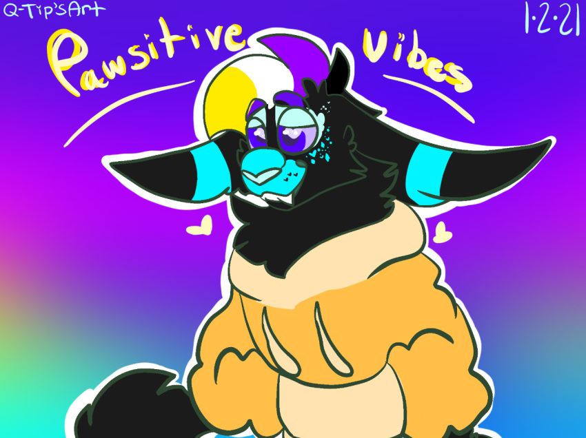 ambiguous_gender anthro canid canine clothed clothing digital_media_(artwork) eevee eeveelution fur hair lgbt_pride mammal nintendo nonbinary_pride_colors pok&eacute;mon pok&eacute;mon_(species) pride_colors qtippywastaken rave rave(qtip) shiny_pok&eacute;mon simple_background smile solo text umbreon video_games