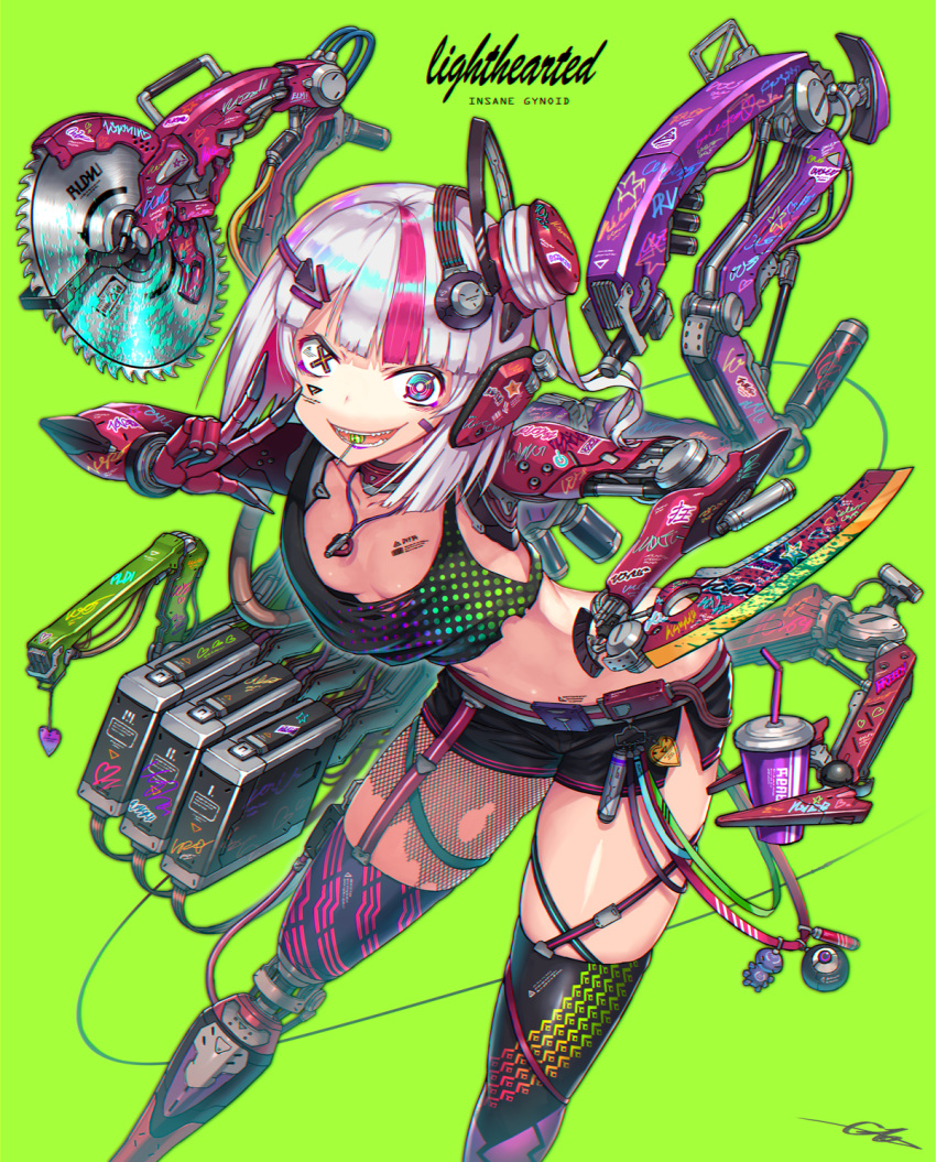 1girl :d asymmetrical_eyes breasts cable candy colored_inner_hair commentary_request cup cyborg drinking_straw extra_arms food gia grey_background headphones highres knife lollipop looking_at_viewer midriff multicolored_hair open_mouth original pink_hair piston prosthesis prosthetic_arm prosthetic_leg saw short_shorts shorts signature small_breasts smile solo streaked_hair thighhighs w white_hair