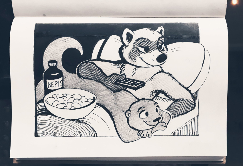 2021 anthro bed bedding beverage black_background blanket border bottle bowl chips_(food) cuddling duo felix_(nik159) food furniture greyscale hi_res holding_object lutrine lying male mammal marker_(artwork) monochrome mustelid nik159 nik_(nik159) on_back on_bed on_front pen_(artwork) photography_(artwork) pillow procyonid raccoon romantic_couple simple_background sketchbook smile soda text traditional_media_(artwork) tv_remote under_covers watching_tv white_border