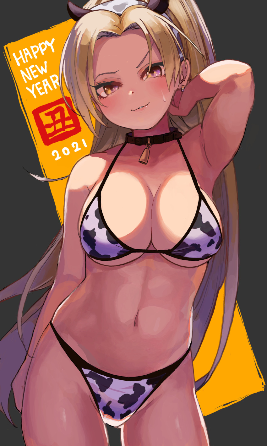 1girl 2021 animal_print armpits bell bell_collar bikini black_collar blonde_hair breasts collar commentary_request cow_horns cow_print hairband happy_new_year highres horns idolmaster idolmaster_cinderella_girls kiichirou large_breasts long_hair looking_at_viewer matsunaga_ryou navel new_year ponytail purple_eyes smile solo sweatdrop swimsuit thighs white_hairband