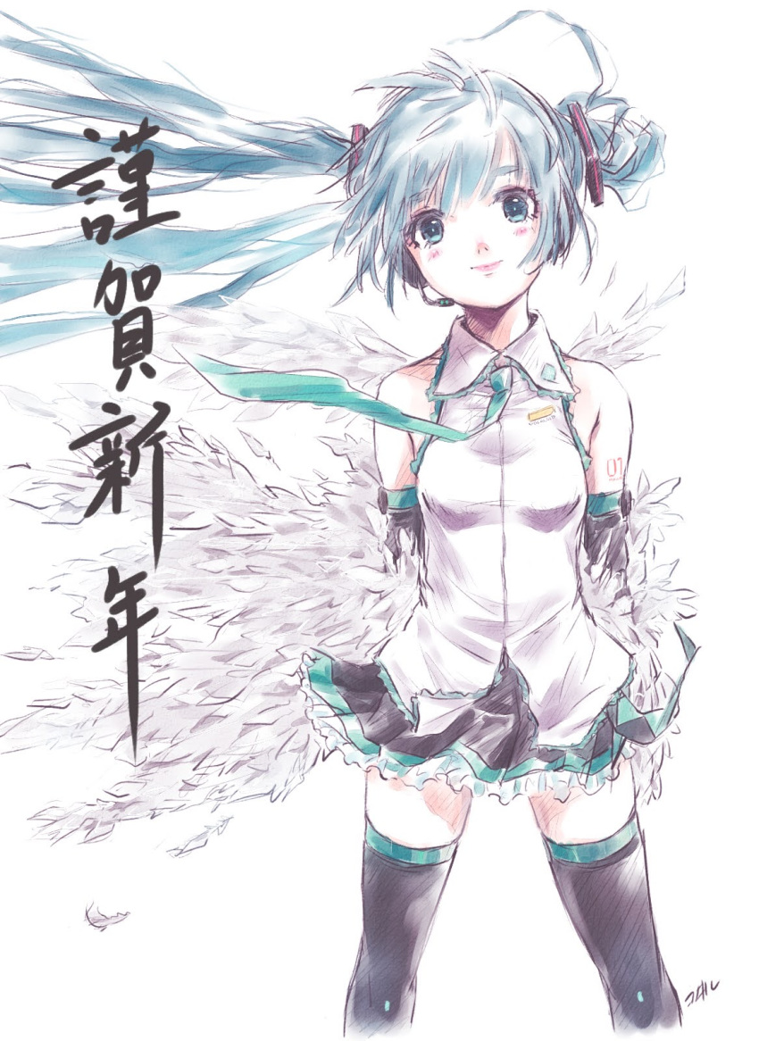 1girl aqua_neckwear arm_behind_back bare_shoulders belt black_legwear black_skirt black_sleeves blue_eyes blue_hair commentary cowboy_shot detached_sleeves feathered_wings feathers floating_hair hair_ornament happy_new_year hatsune_miku head_tilt headphones headset highres kowiru light_smile lips long_hair looking_at_viewer miniskirt necktie nengajou new_year pleated_skirt shirt shoulder_tattoo signature skirt sleeveless sleeveless_shirt solo tattoo thighhighs translated twintails very_long_hair vocaloid white_background white_shirt wings zettai_ryouiki