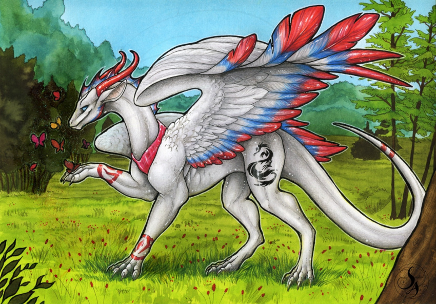 2020 4_toes ambiguous_gender blue_body blue_eyes blue_feathers claws day detailed_background dragon feathered_dragon feathered_wings feathers feral horn natoli outside red_body red_feathers sky smile spines standing toes traditional_media_(artwork) white_body white_feathers wings