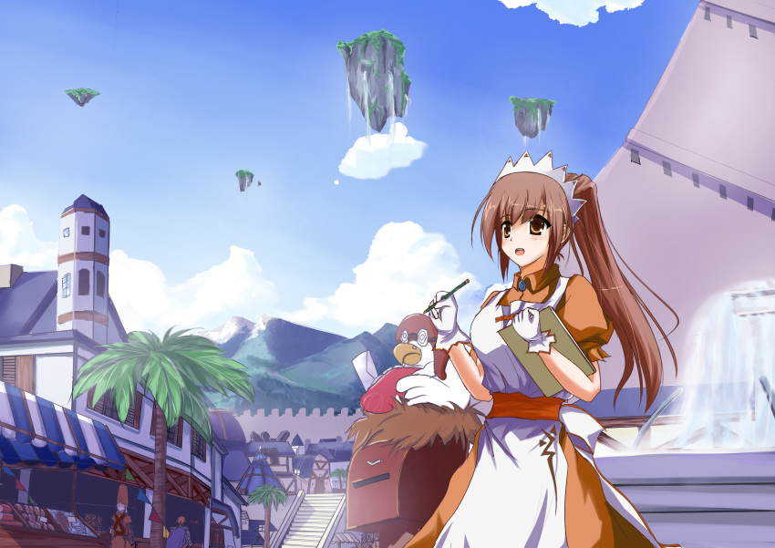 1boy 2girls absurdres apron armor bangs bird bird_nest blossom_(ragnarok_online) blue_cape blush brown_dress brown_hair building cape city clipboard cloud collared_dress commentary_request cowboy_shot day dress eyebrows_visible_through_hair floating_island fountain full_body gloves hair_between_eyes high_ponytail highres holding holding_clipboard holding_pencil house kafra_uniform long_hair looking_to_the_side maid maid_headdress mailbox_(incoming_mail) market mountain multiple_girls open_mouth outdoors painttool_sai_(medium) paladin_(ragnarok_online) palm_tree pauldrons pencil puffy_short_sleeves puffy_sleeves ragnarok_online red_sash sash short_sleeves shoulder_armor sky solo_focus stairs standing tianyu_jifeng tree water waterfall white_apron white_gloves