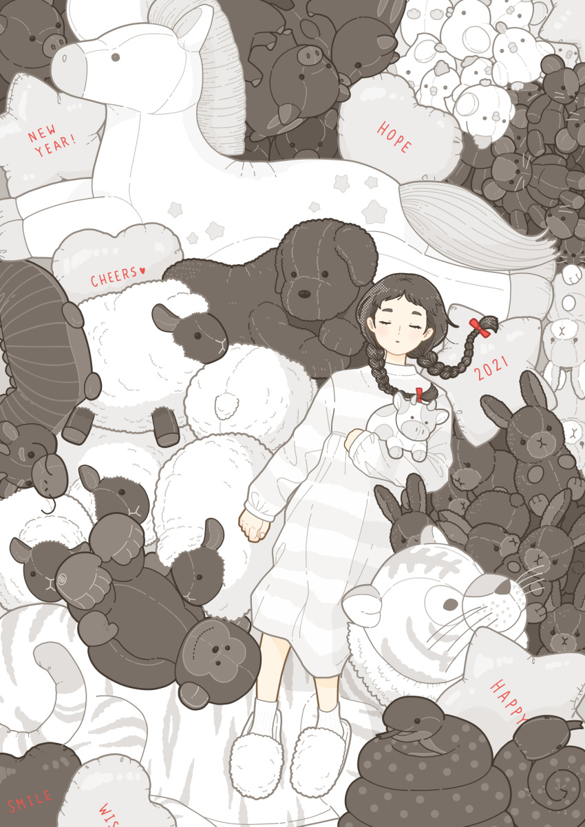 1girl 2021 black_hair blush braid chinese_zodiac closed_eyes dress english_text highres long_hair nengajou new_year original slippers solo striped striped_dress stuffed_animal stuffed_bird stuffed_bunny stuffed_cow stuffed_dog stuffed_horse stuffed_sheep stuffed_snake stuffed_tiger stuffed_toy teddy_bear twin_braids twintails white_dress white_footwear wide_shot year_of_the_ox yoshimon