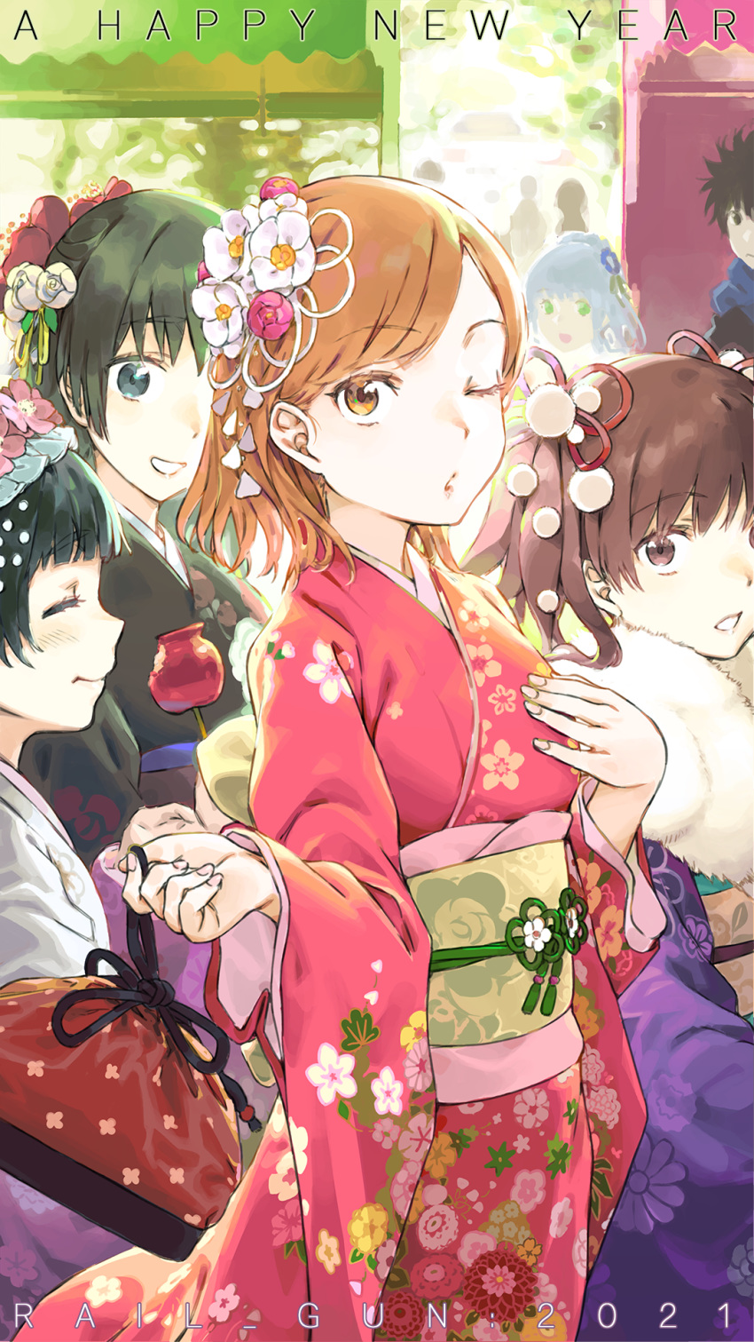 1boy 2021 5girls :d bag bangs black_hair black_kimono blue_eyes blue_neckwear brown_eyes brown_hair candy_apple closed_eyes cowboy_shot day eating eyebrows_visible_through_hair floral_print flower food fur_collar green_eyes haimura_kiyotaka hair_flower hair_ornament hand_on_own_chest highres index japanese_clothes kamijou_touma kimono long_sleeves looking_at_another looking_at_viewer misaka_mikoto multiple_girls new_year obi obiage obidome obijime one_eye_closed open_mouth outdoors pink_kimono pom_pom_(clothes) purple_kimono sash saten_ruiko scarf shirai_kuroko short_hair smile swept_bangs to_aru_kagaku_no_railgun to_aru_majutsu_no_index twintails uiharu_kazari white_kimono wide_sleeves