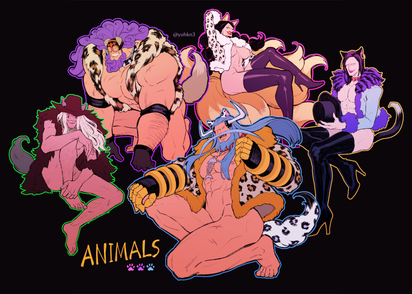 1girl 4boys abs animal_collar animal_ears arm_behind_head arm_hair arm_up armband avalo_pizarro bara bare_arms bare_legs bare_pecs bare_shoulders barefoot beard black_background black_hair blue_hair bone_necklace boots bottomless breasts breasts_apart cat_boy cat_ears cat_tail catarina_devon collar doc_q dog_boy dog_ears dog_tail earrings eye_mask facial_hair facial_mark fish_bone floating_hair fox_ears fox_girl fox_tail full_body fur-trimmed_sleeves fur_collar fur_trim gauntlets gloves grey_hair grin groin hat high_heel_boots high_heels hoop_earrings horns jacket jesus_burgess jewelry knee_up lafitte large_breasts leg_hair leg_lift lipstick long_hair long_nose long_sleeves looking_at_viewer makeup mask medium_hair multiple_boys multiple_tails muscular muscular_male mustache navel necklace nipples no_bra one_knee one_piece open_clothes open_jacket open_vest pectorals purple_hair scar simple_background sitting smile spiked_collar spikes stomach tail thigh_boots thighhighs toes twintails twitter_username vest youkan_(tako)