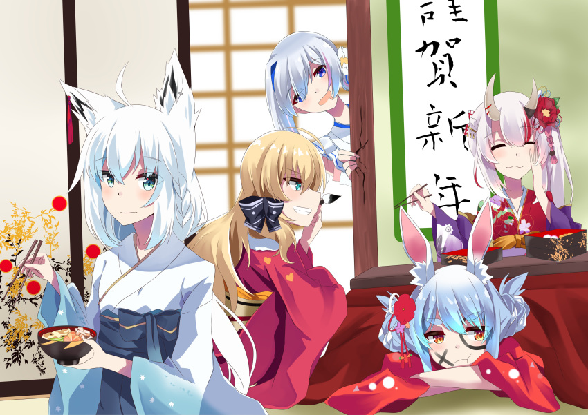 5girls absurdres akai_haato amane_kanata animal_ear_fluff animal_ears blonde_hair blue_eyes blue_hair bowl braid bunny_ears chopsticks closed_eyes commentary_request drooling eating eyebrows_visible_through_hair floral_print flower fox_ears fox_girl green_eyes grin hair_between_eyes hair_flower hair_ornament hand_on_own_cheek hand_on_own_face highres holding holding_bowl holding_chopsticks hololive horns housei_fenoru japanese_clothes kimono kotatsu long_hair looking_at_viewer lying multiple_girls nakiri_ayame new_year obentou obi on_stomach oni_horns open_mouth peeking_out pout rabbit_girl red_eyes red_kimono sash scroll shirakami_fubuki silver_hair single_braid smile table twintails usada_pekora virtual_youtuber white_hair white_kimono